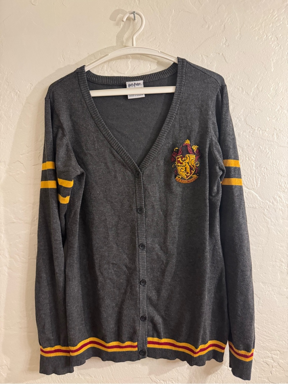 Warner Bros. Gray Cardigan with Yellow and Red Gryffindor Crest